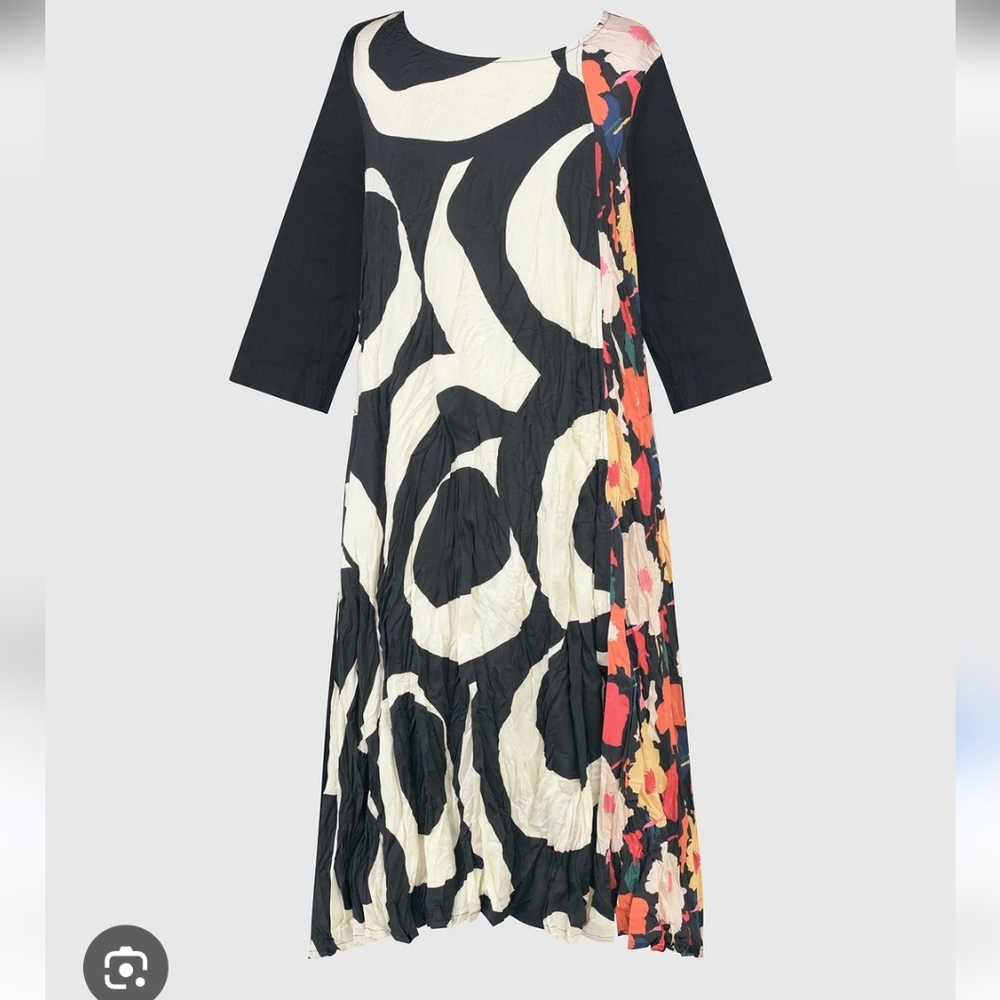 Alembika Anka Plissé Crinckled Floral Satin Long Sleeve Round Neck Dress 4 12-14